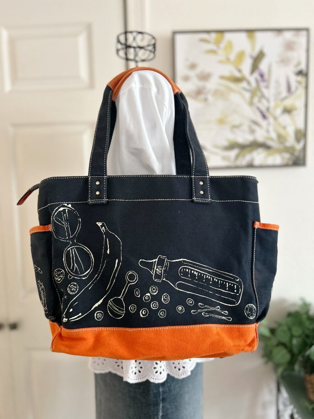 kate spade Black and Orange Canvas Tote with White Illustrated Motifs Dabber Bag